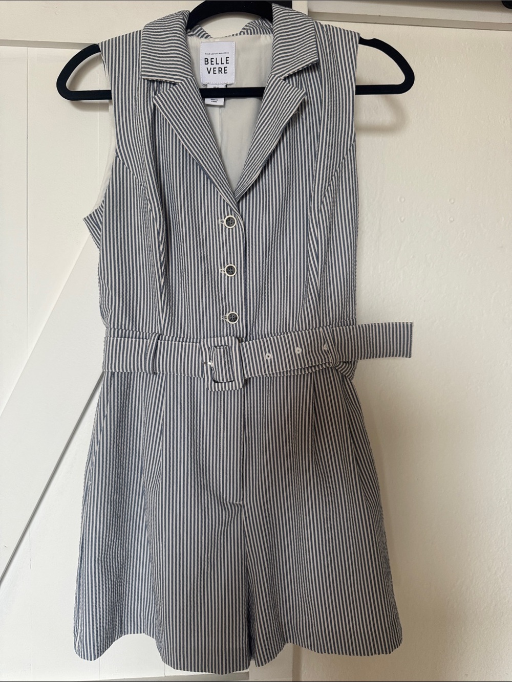 Women's Seersucker Style Blue & White Sleeveless Striped Romper with Belt